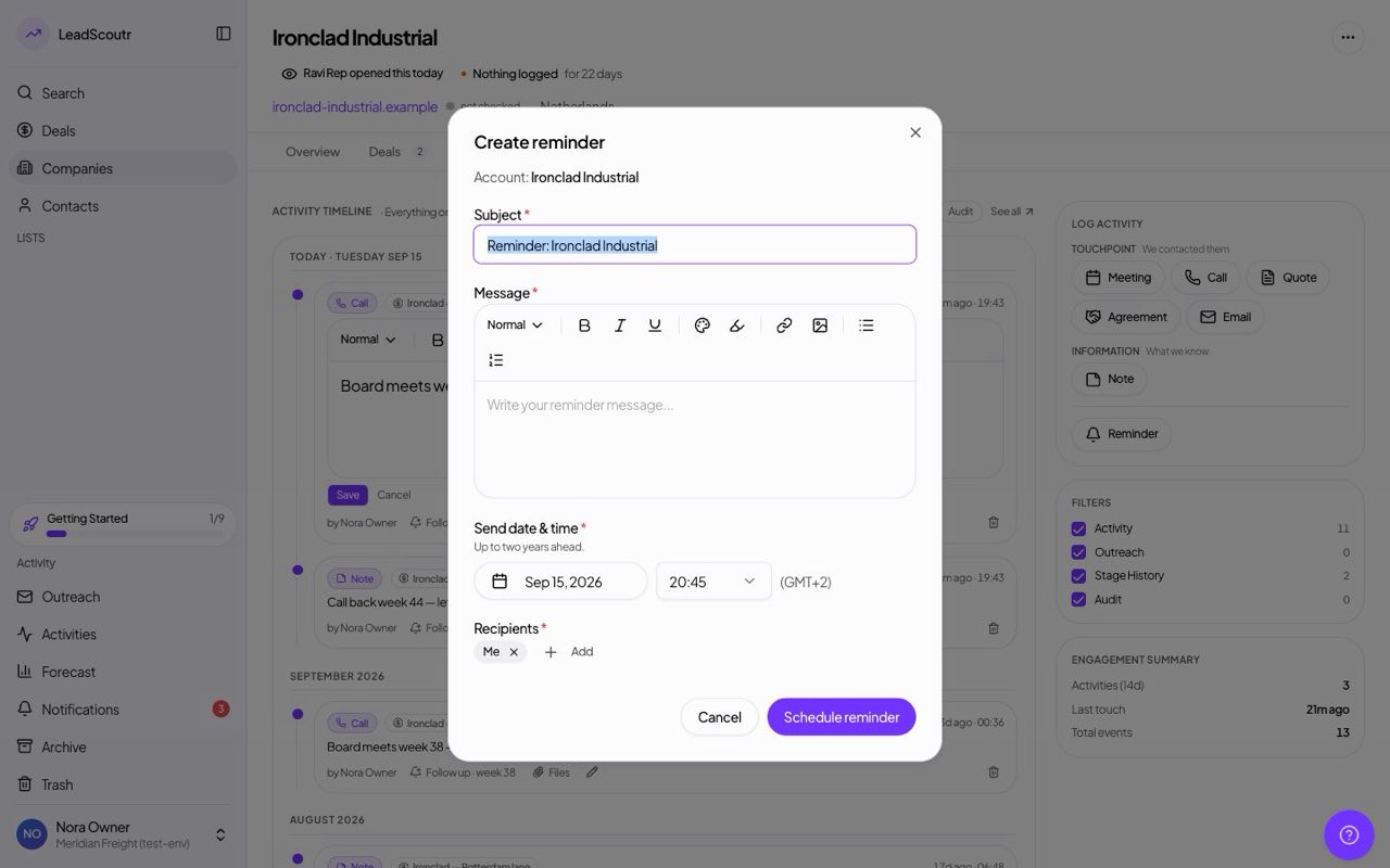 Activity logging and email reminders