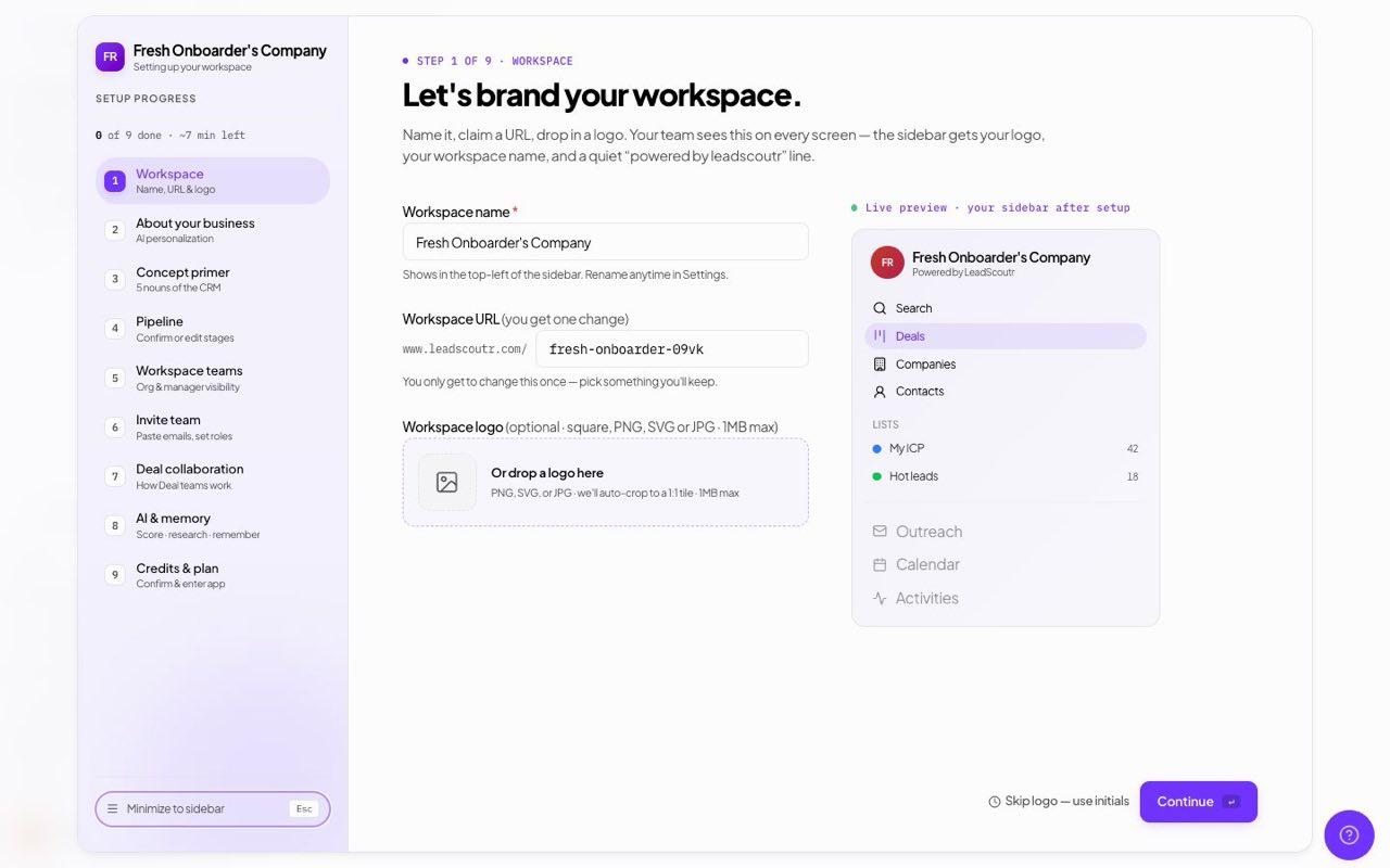 Guided setup wizard for new workspaces