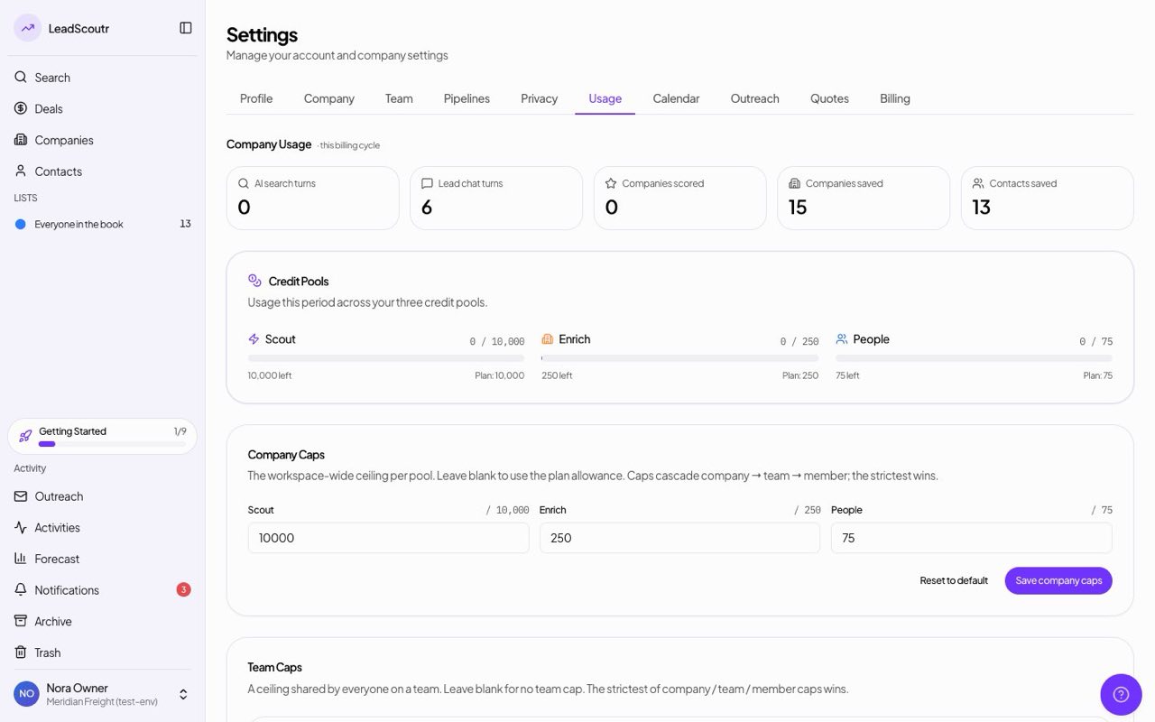 Usage tab: credit caps and spend