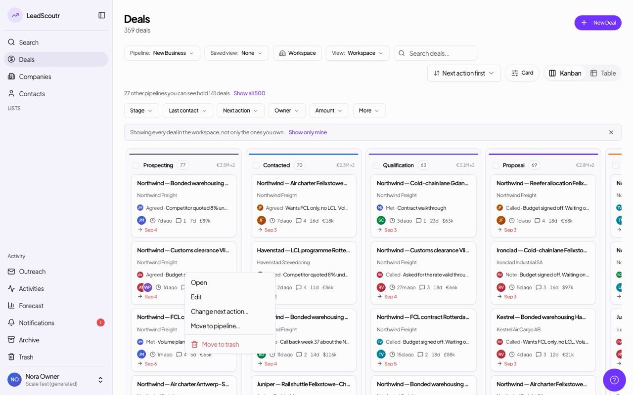 Right-click a deal for quick actions