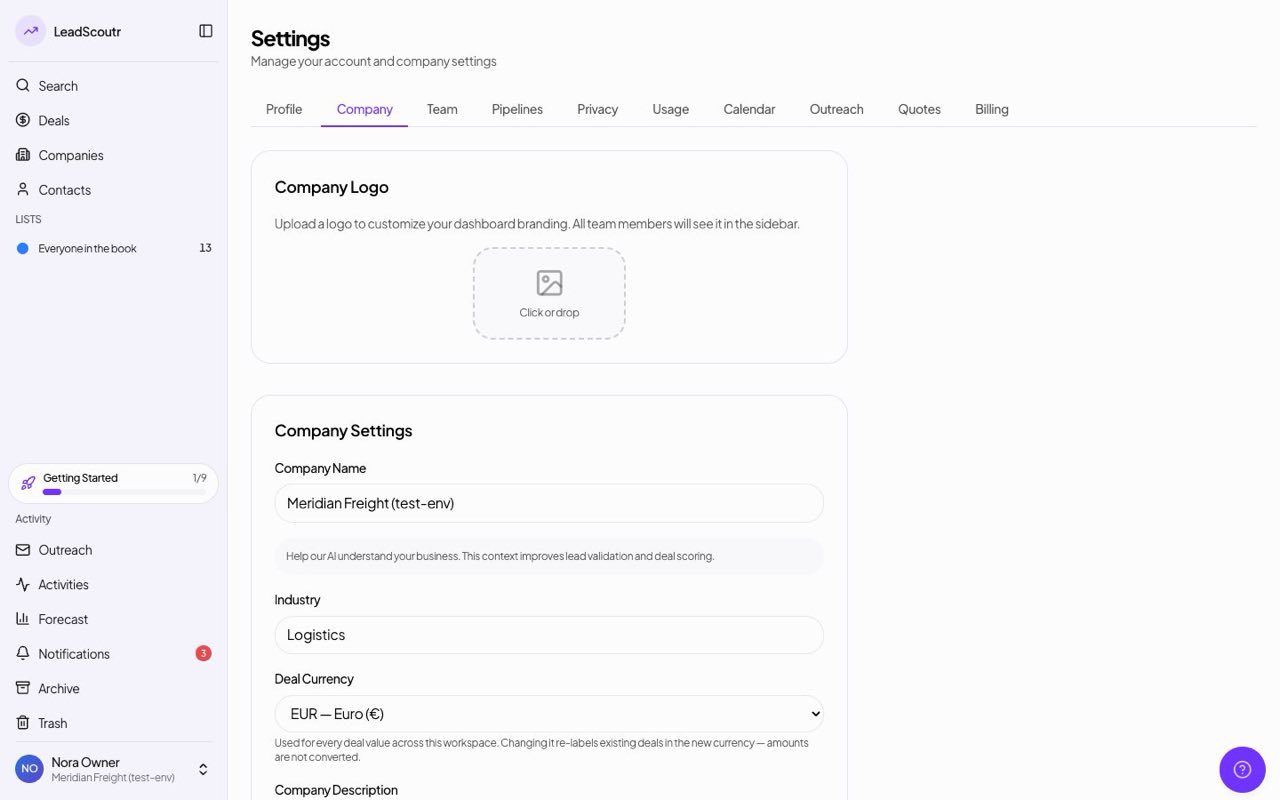 One default currency per workspace for deals