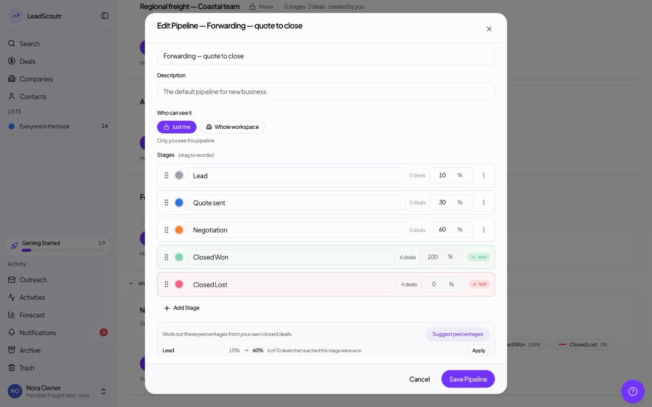 Get stage percentages suggested from your deals