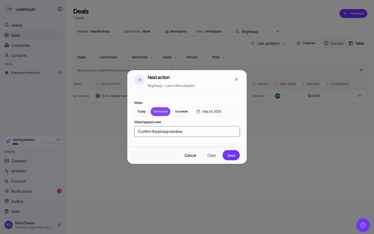 Set a deal's next action from the board