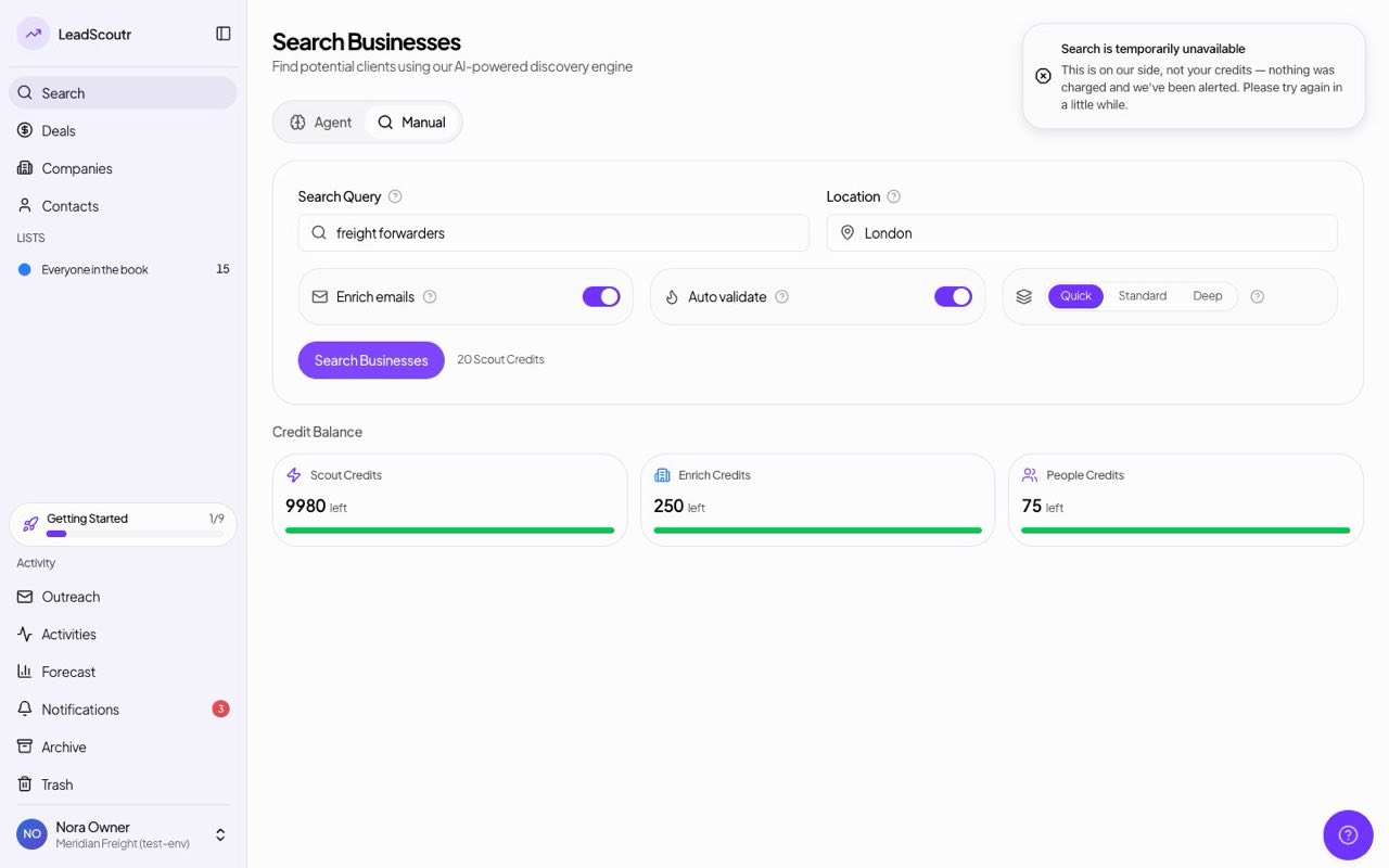 Search failures now say it's not your credits