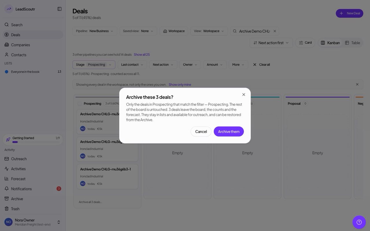 Archive every matching deal in one click