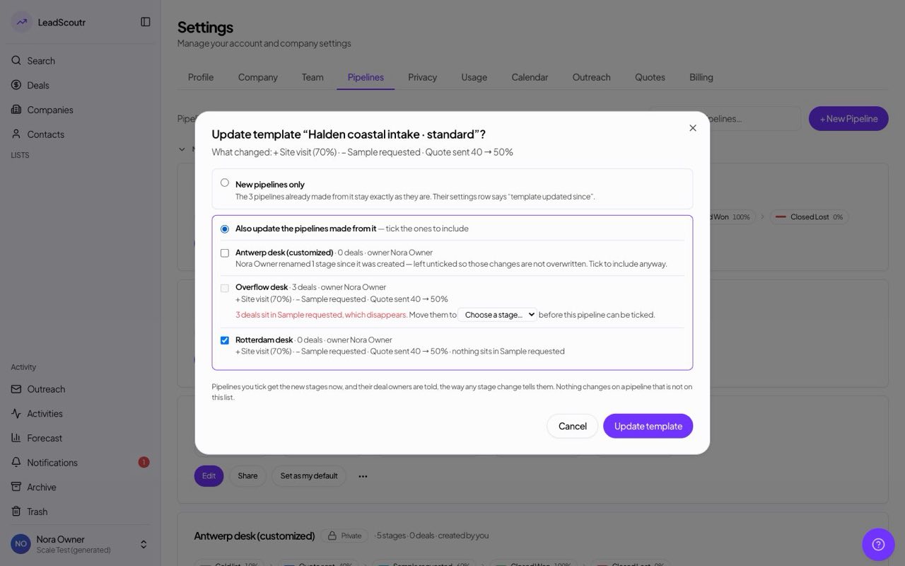 Update a template on only the pipelines you pick